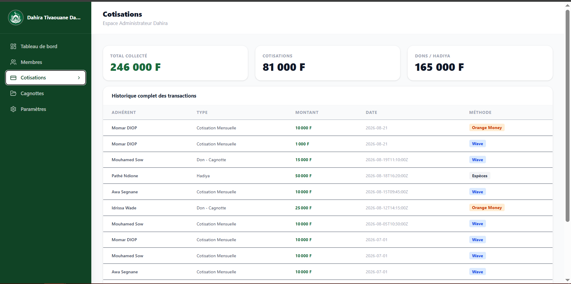 DahiraConnect - Gestion des cotisations